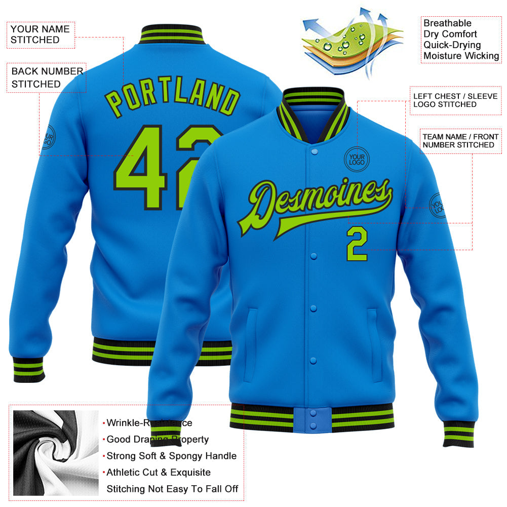 Custom Powder Blue Neon Green-Black Bomber Full-Snap Varsity Letterman Jacket view 5