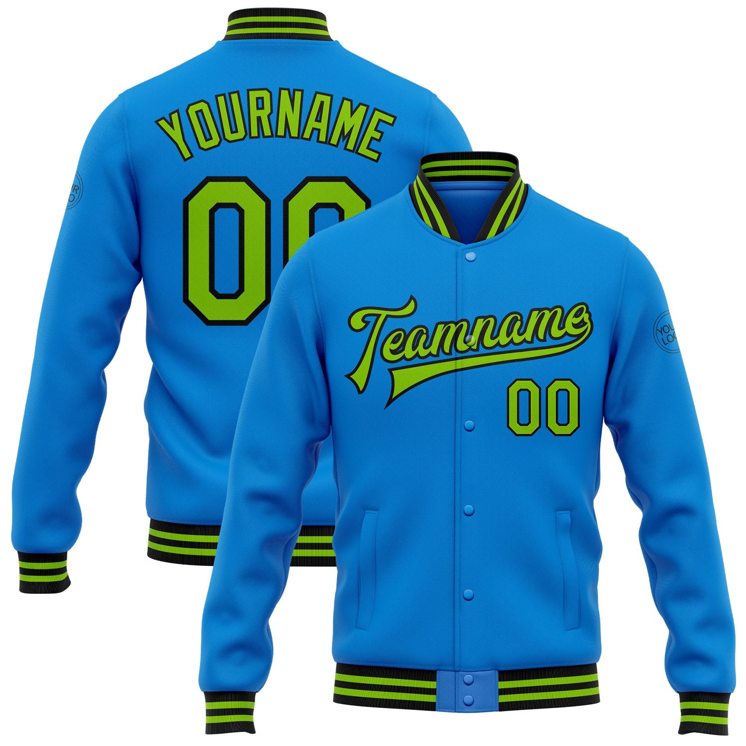 Custom Powder Blue Neon Green-Black Bomber Full-Snap Varsity Letterman Jacket - Main View