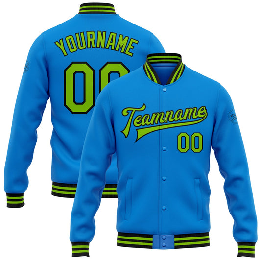 Custom Powder Blue Neon Green-Black Bomber Full-Snap Varsity Letterman Jacket - Main View