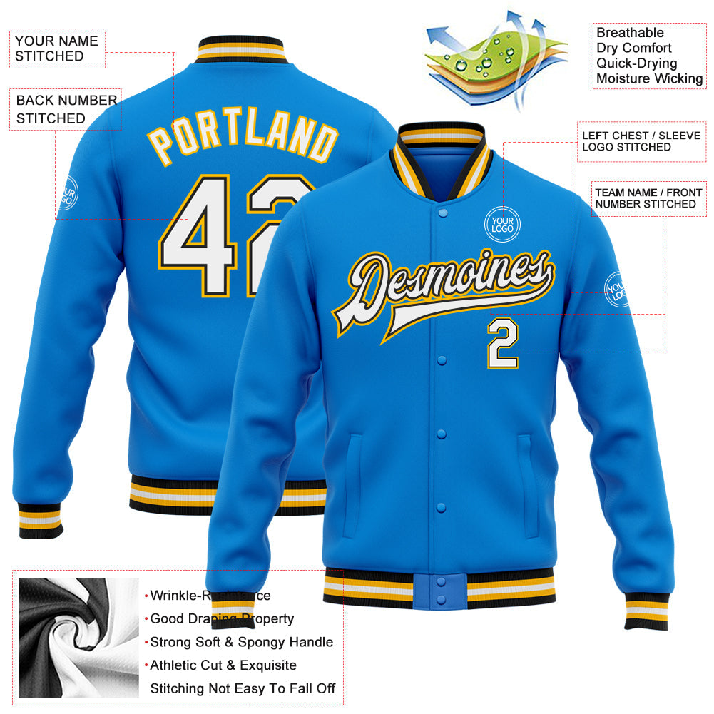 Custom Powder Blue White Black-Gold Bomber Full-Snap Varsity Letterman Jacket view 5