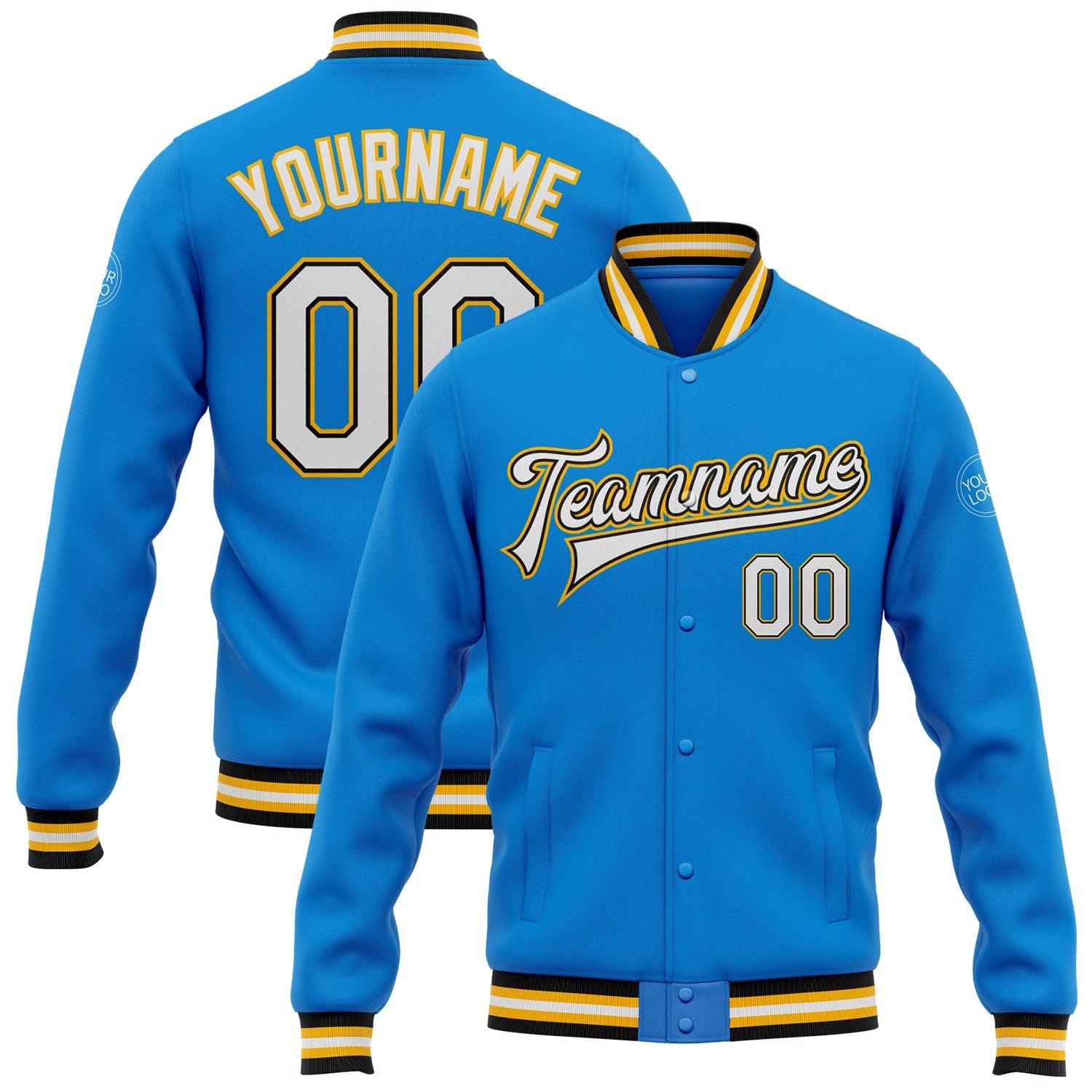 Custom Powder Blue White Black-Gold Bomber Full-Snap Varsity Letterman Jacket - Main View