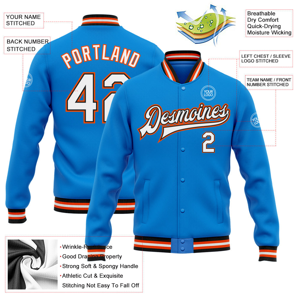 Custom Powder Blue White Black-Orange Bomber Full-Snap Varsity Letterman Jacket view 5