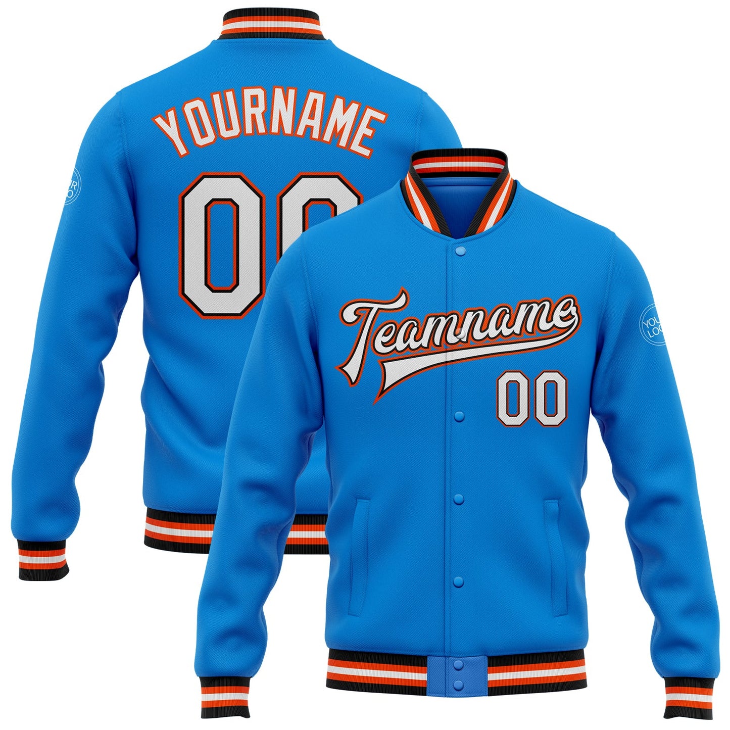 Custom Powder Blue White Black-Orange Bomber Full-Snap Varsity Letterman Jacket - Main View