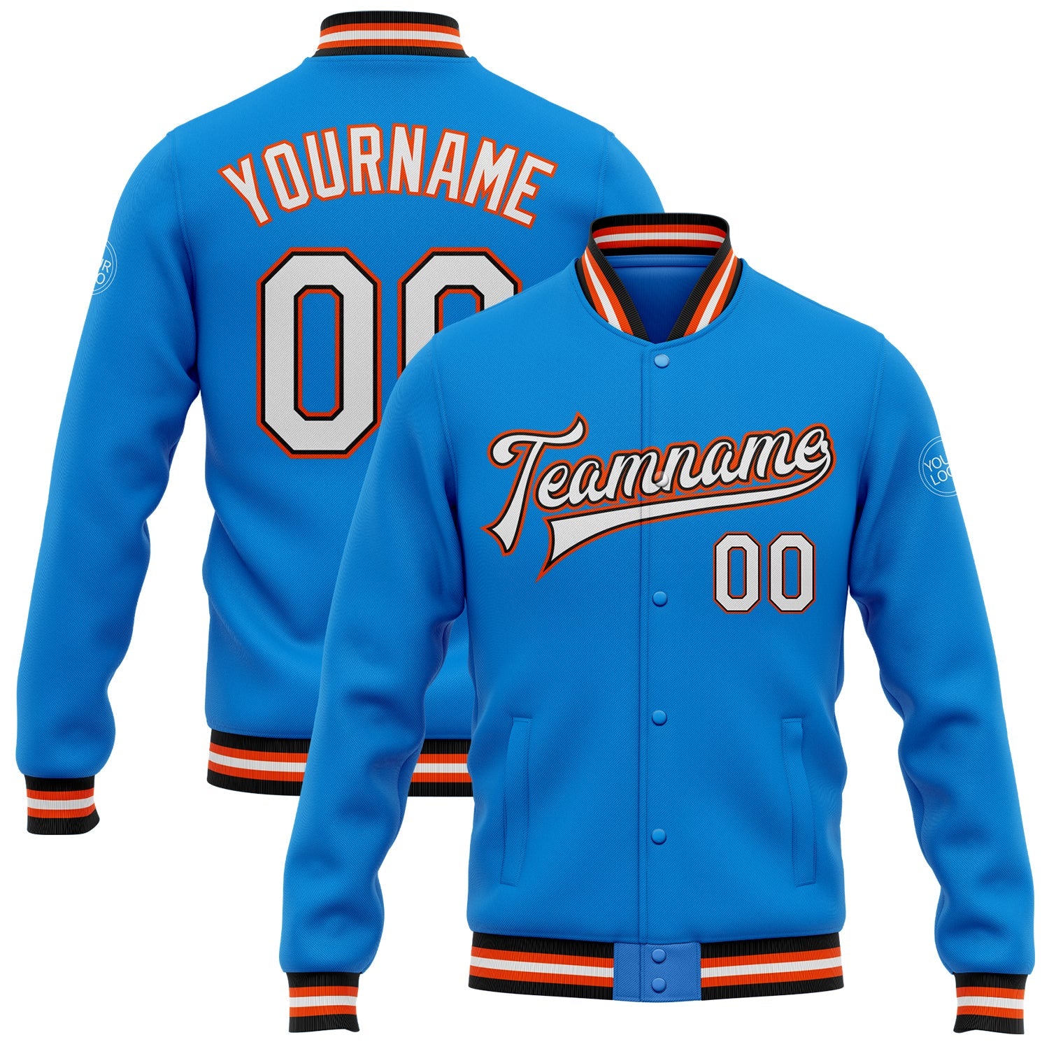 Custom Powder Blue White Black-Orange Bomber Full-Snap Varsity Letterman Jacket - Main View