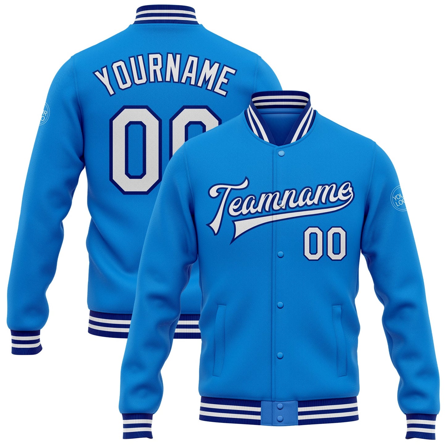 Custom Powder Blue White-Royal Bomber Full-Snap Varsity Letterman Jacket - Main View