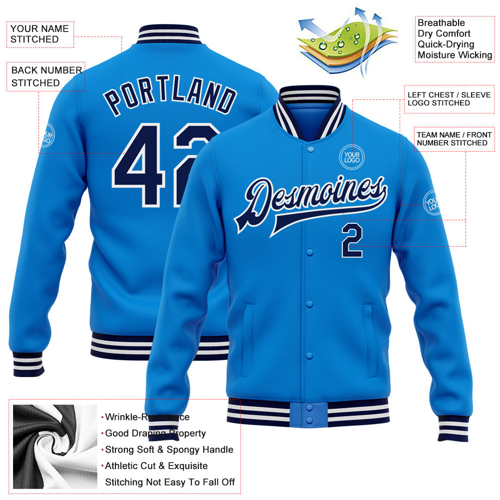 Custom Powder Blue Navy-White Bomber Full-Snap Varsity Letterman Jacket view 5