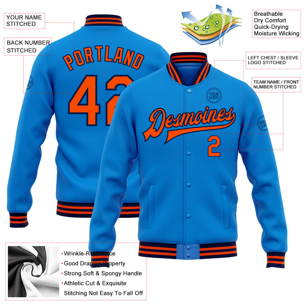 Custom Powder Blue Orange-Navy Bomber Full-Snap Varsity Letterman Jacket view 5