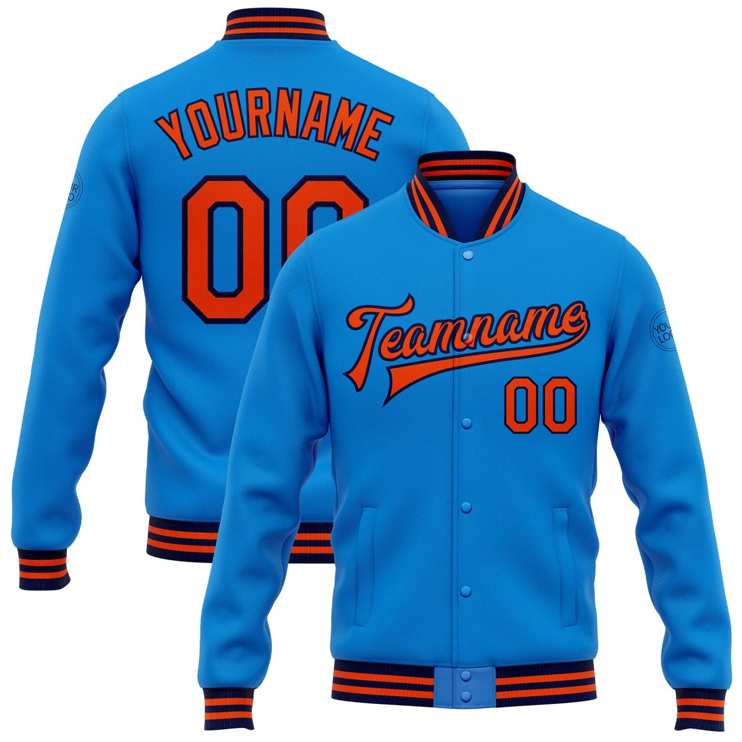 Custom Powder Blue Orange-Navy Bomber Full-Snap Varsity Letterman Jacket - Main View