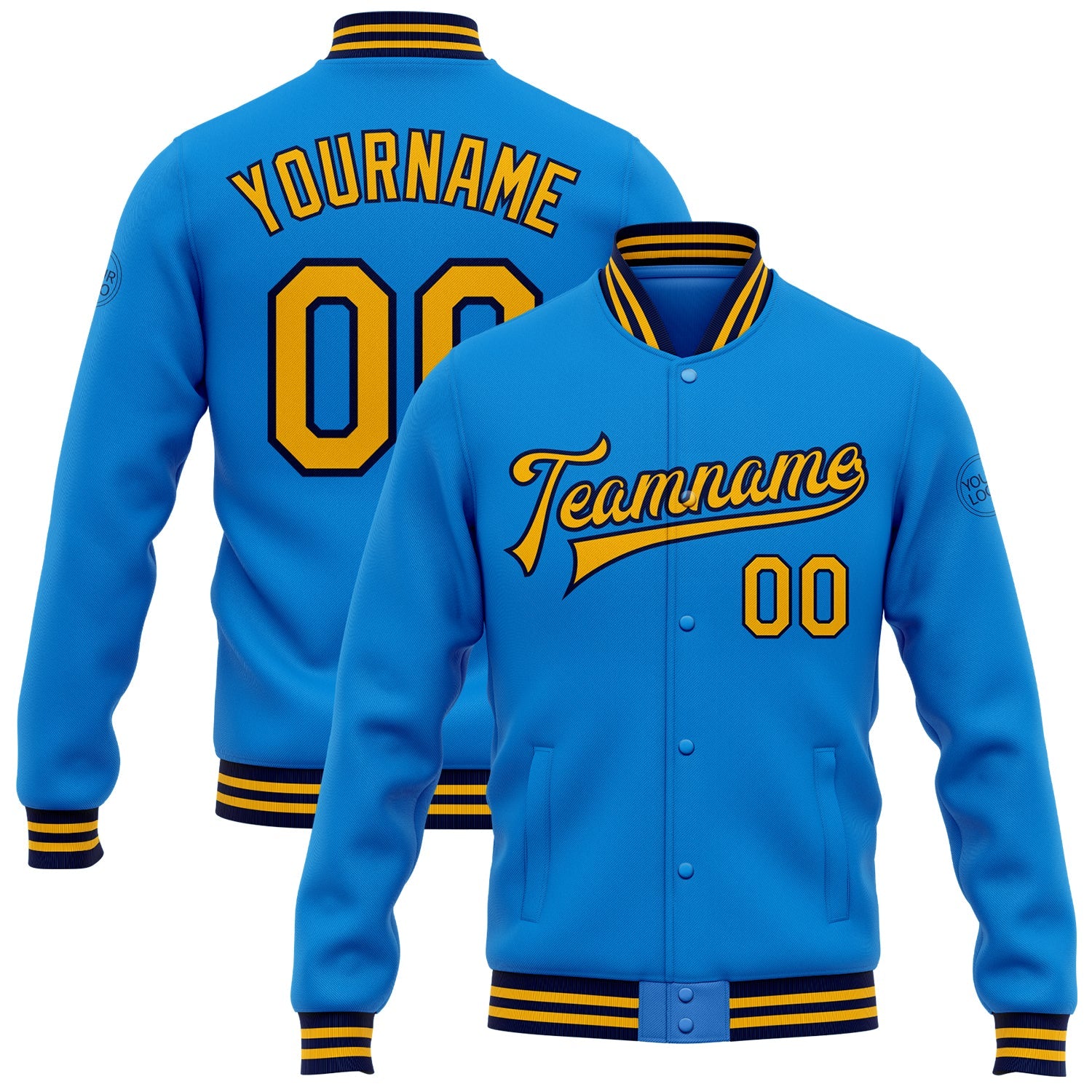 Custom Powder Blue Gold-Navy Bomber Full-Snap Varsity Letterman Jacket - Main View