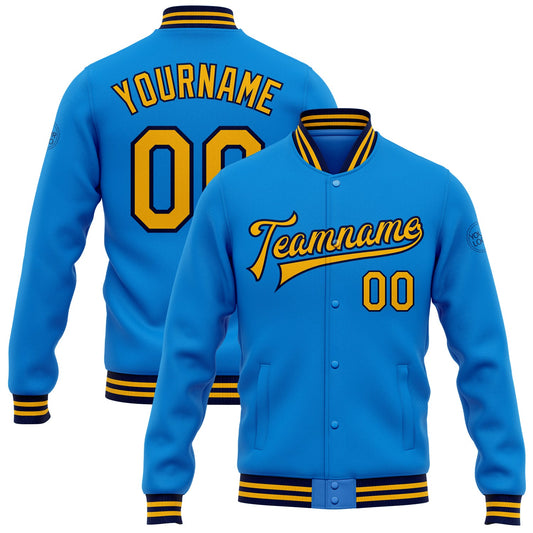 Custom Powder Blue Gold-Navy Bomber Full-Snap Varsity Letterman Jacket - Main View