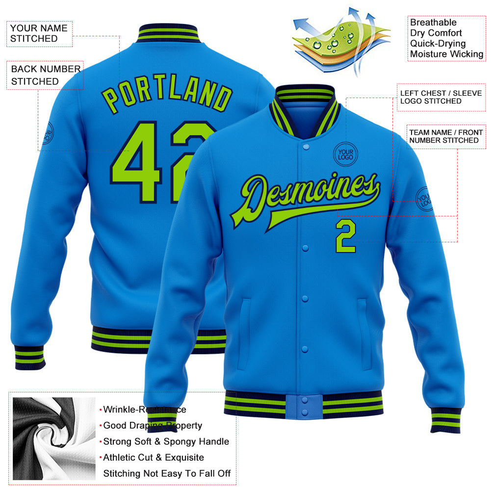 Custom Powder Blue Neon Green-Navy Bomber Full-Snap Varsity Letterman Jacket view 5
