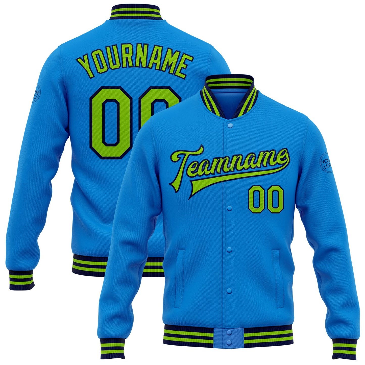 Custom Powder Blue Neon Green-Navy Bomber Full-Snap Varsity Letterman Jacket - Main View
