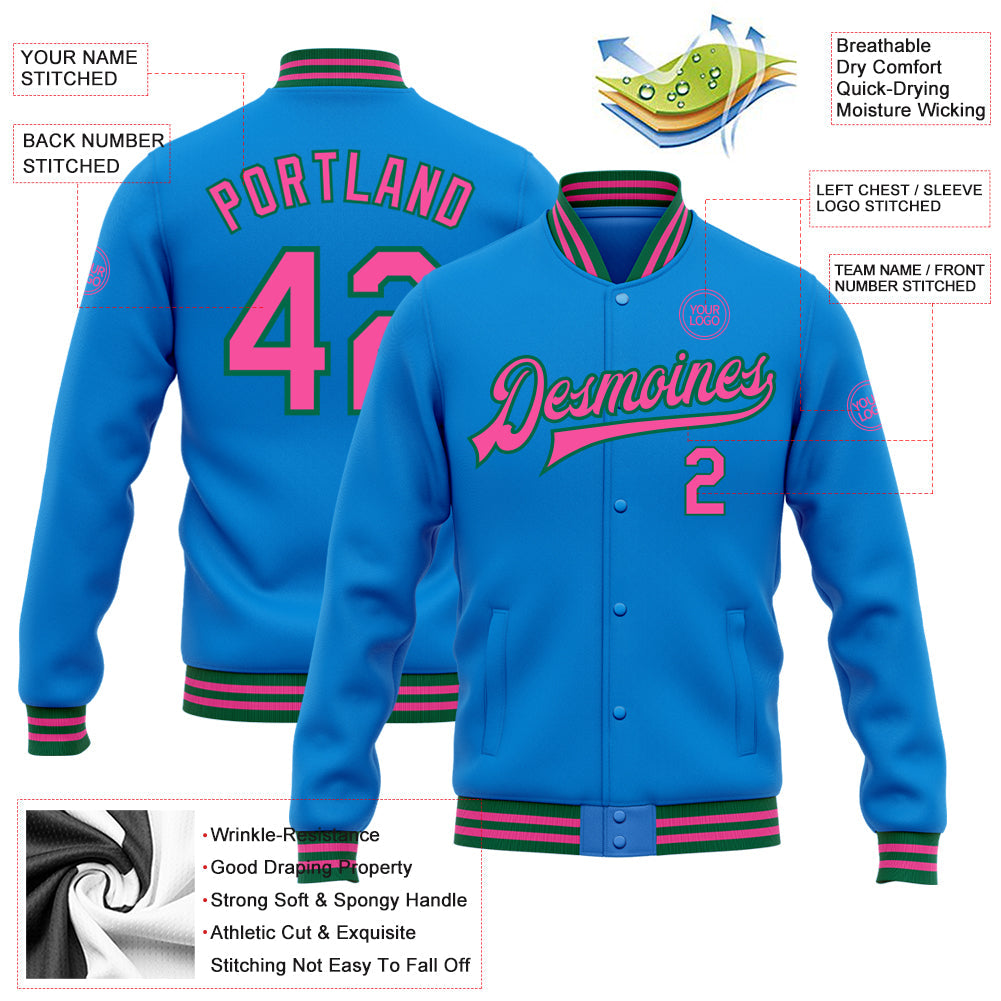 Custom Powder Blue Pink-Kelly Green Bomber Full-Snap Varsity Letterman Jacket view 5