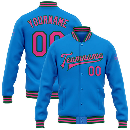 Custom Powder Blue Pink-Kelly Green Bomber Full-Snap Varsity Letterman Jacket - Main View