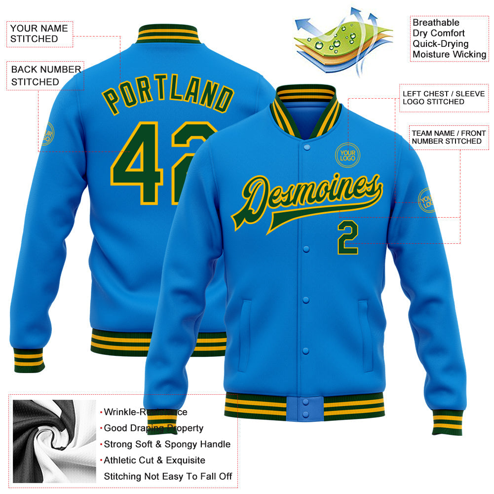 Custom Powder Blue Green-Gold Bomber Full-Snap Varsity Letterman Jacket view 5