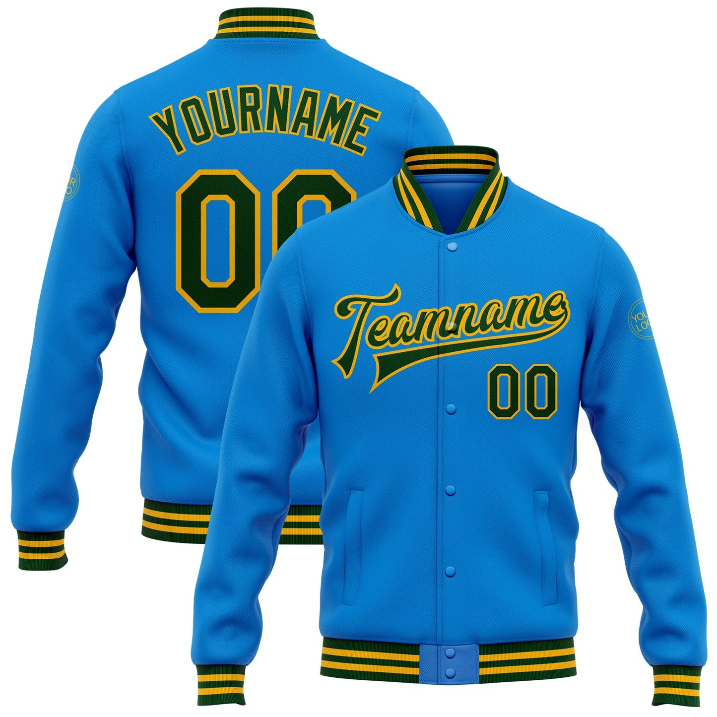 Custom Powder Blue Green-Gold Bomber Full-Snap Varsity Letterman Jacket - Main View