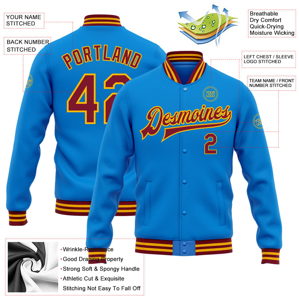Custom Powder Blue Crimson-Gold Bomber Full-Snap Varsity Letterman Jacket view 5