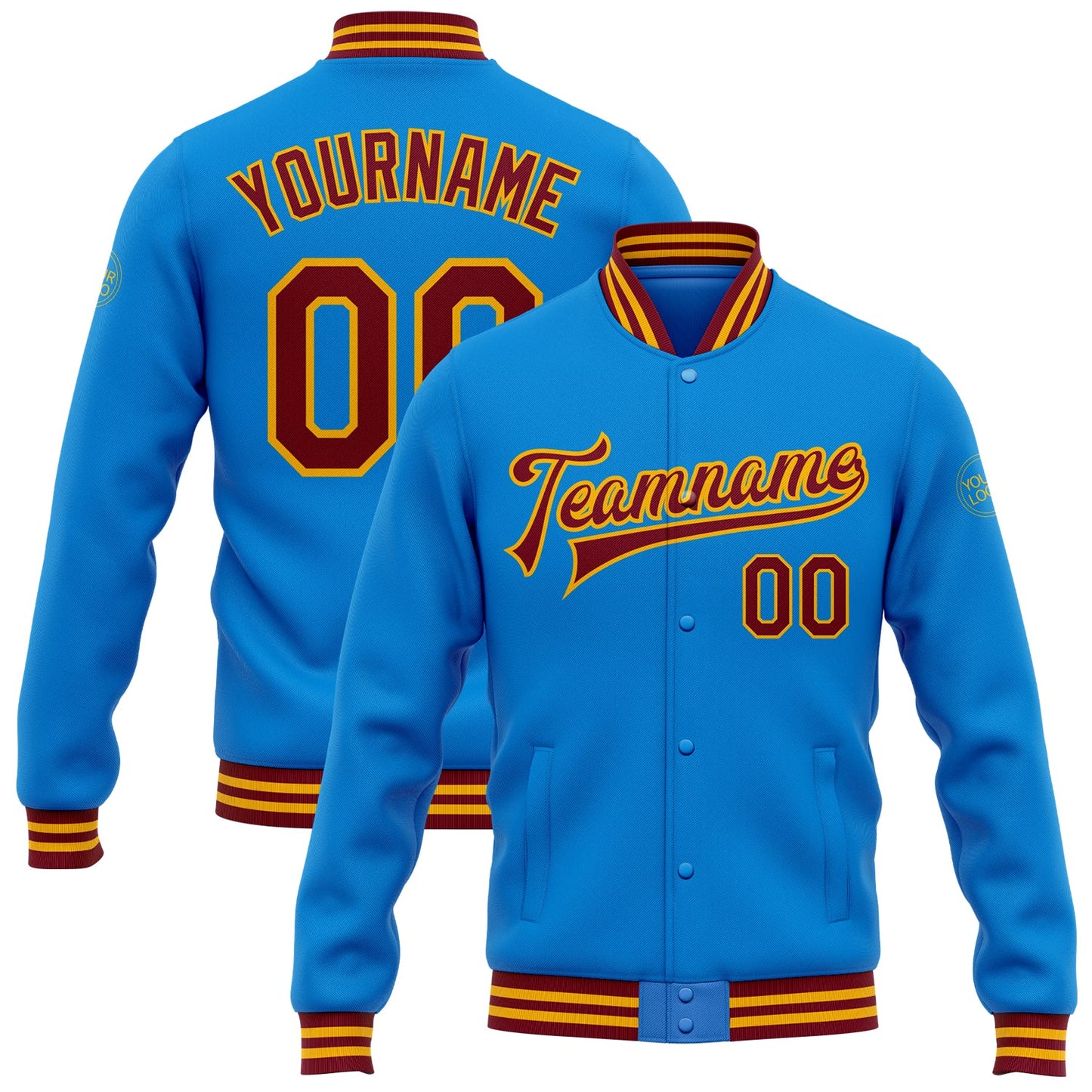 Custom Powder Blue Crimson-Gold Bomber Full-Snap Varsity Letterman Jacket - Main View