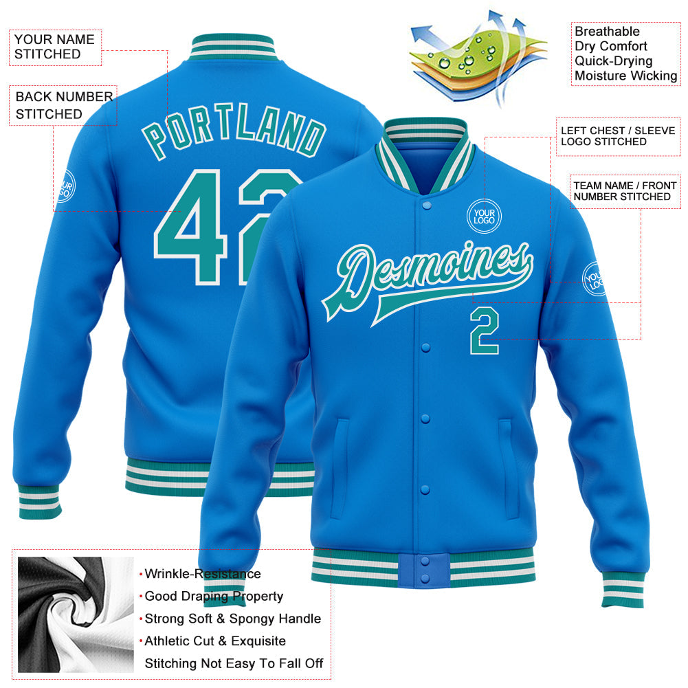 Custom Powder Blue Teal-White Bomber Full-Snap Varsity Letterman Jacket view 5
