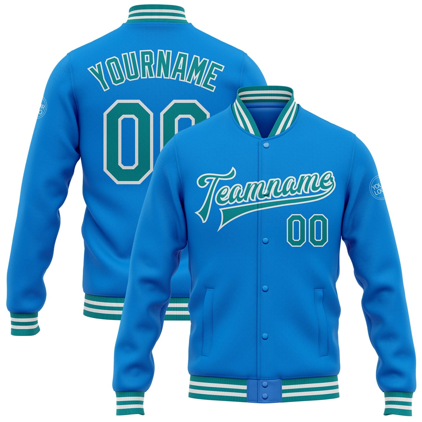 Custom Powder Blue Teal-White Bomber Full-Snap Varsity Letterman Jacket - Main View