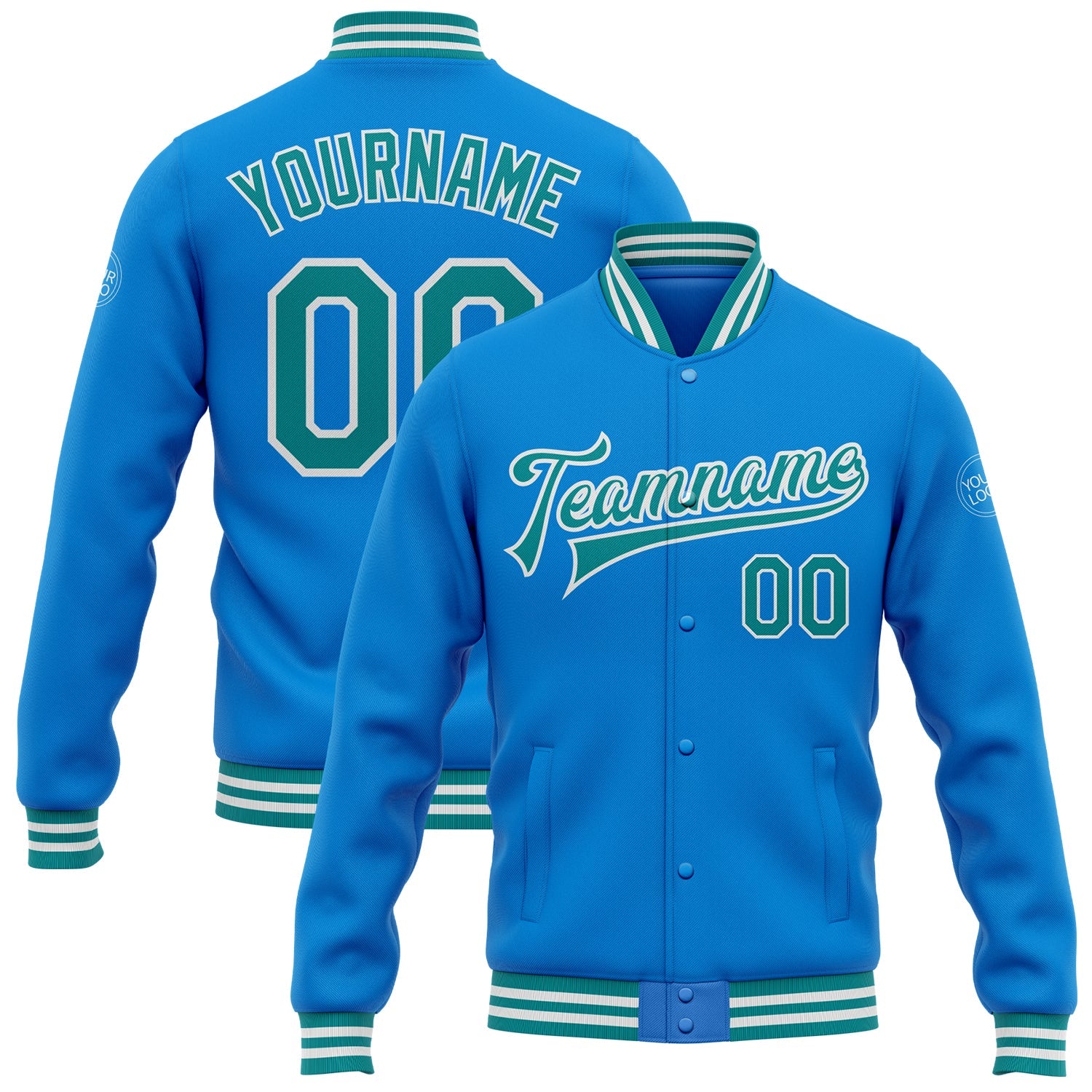 Custom Powder Blue Teal-White Bomber Full-Snap Varsity Letterman Jacket - Main View