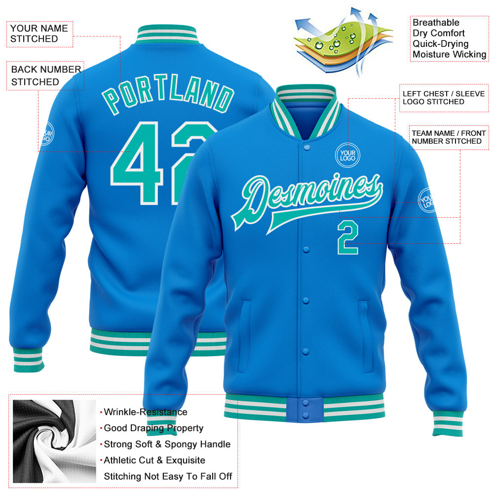 Custom Powder Blue Aqua-White Bomber Full-Snap Varsity Letterman Jacket view 5