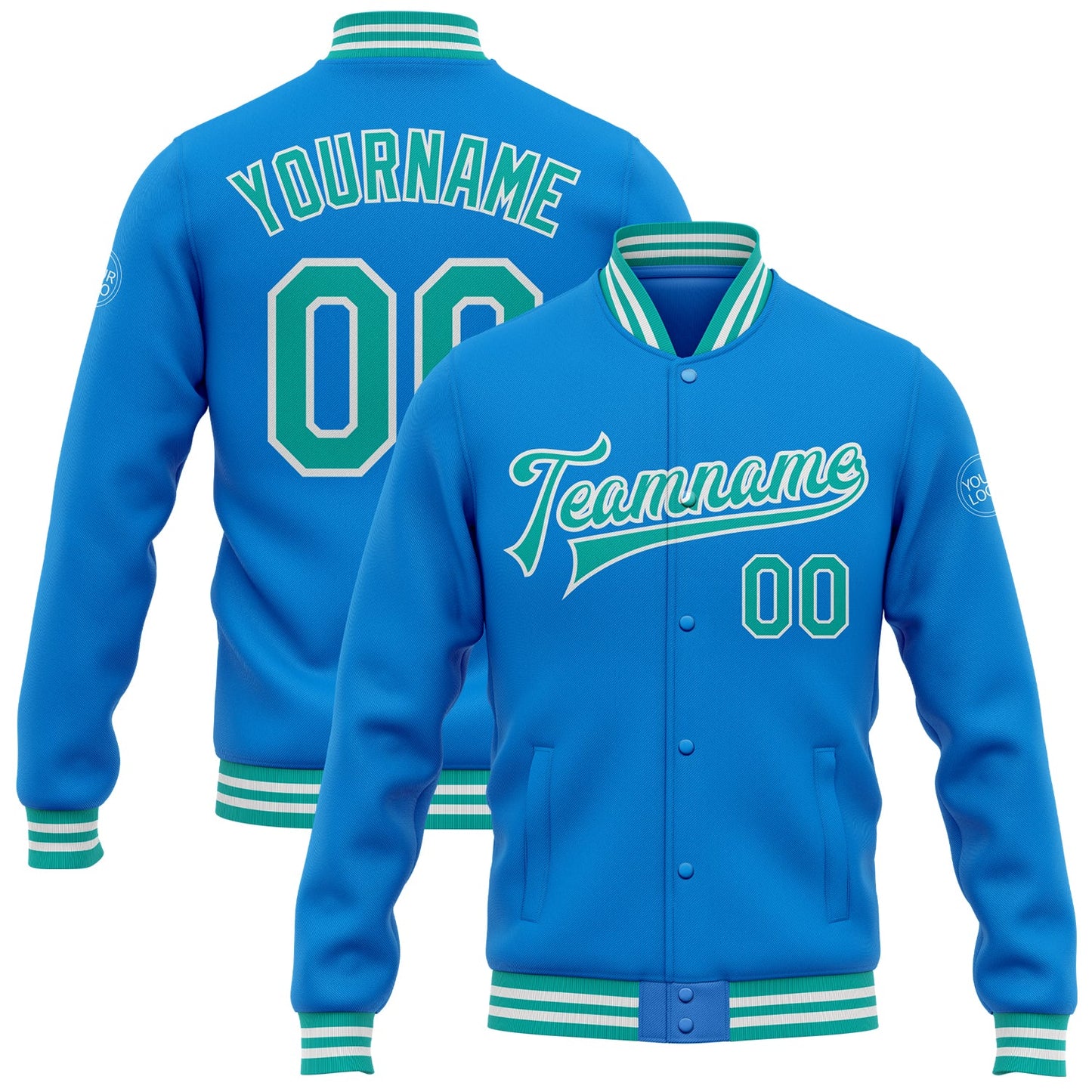 Custom Powder Blue Aqua-White Bomber Full-Snap Varsity Letterman Jacket - Main View