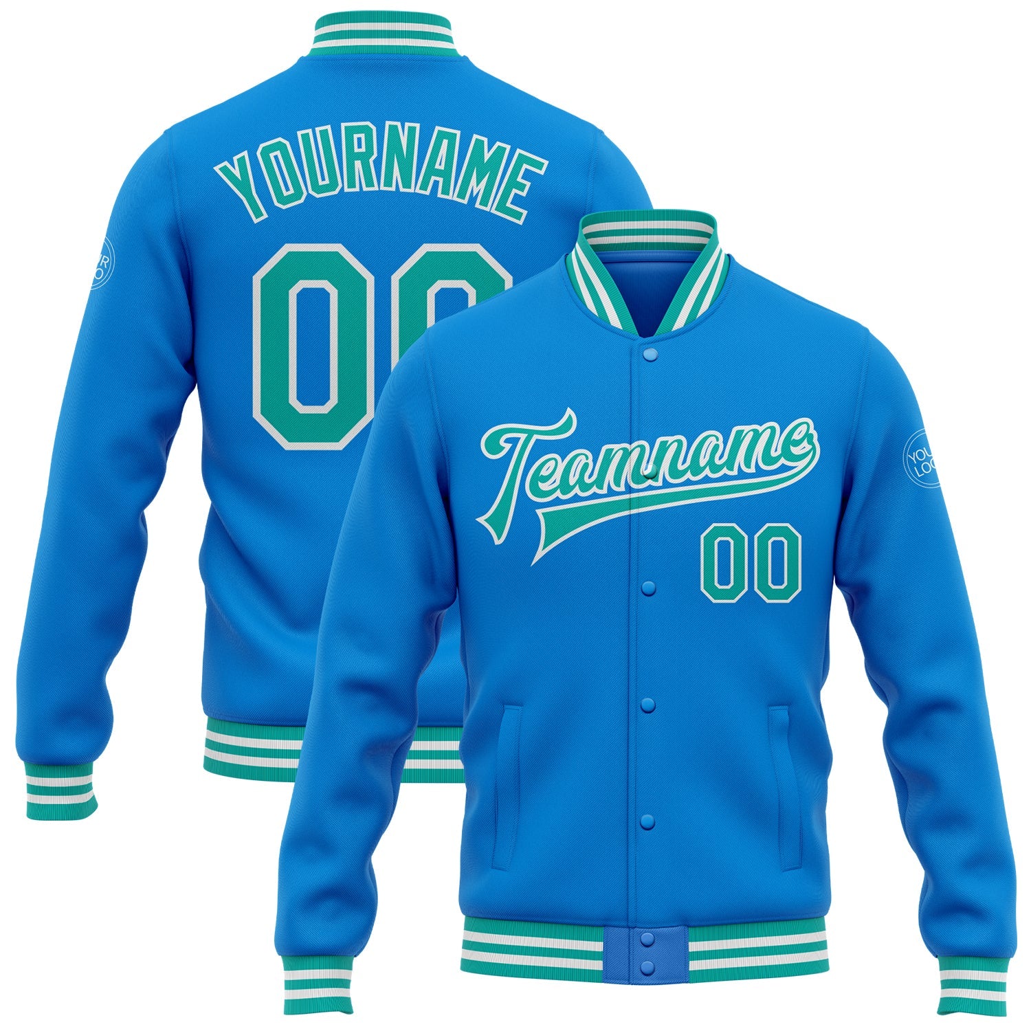 Custom Powder Blue Aqua-White Bomber Full-Snap Varsity Letterman Jacket - Main View