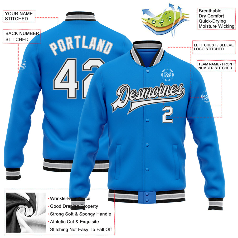 Custom Powder Blue White Black-Gray Bomber Full-Snap Varsity Letterman Jacket view 5