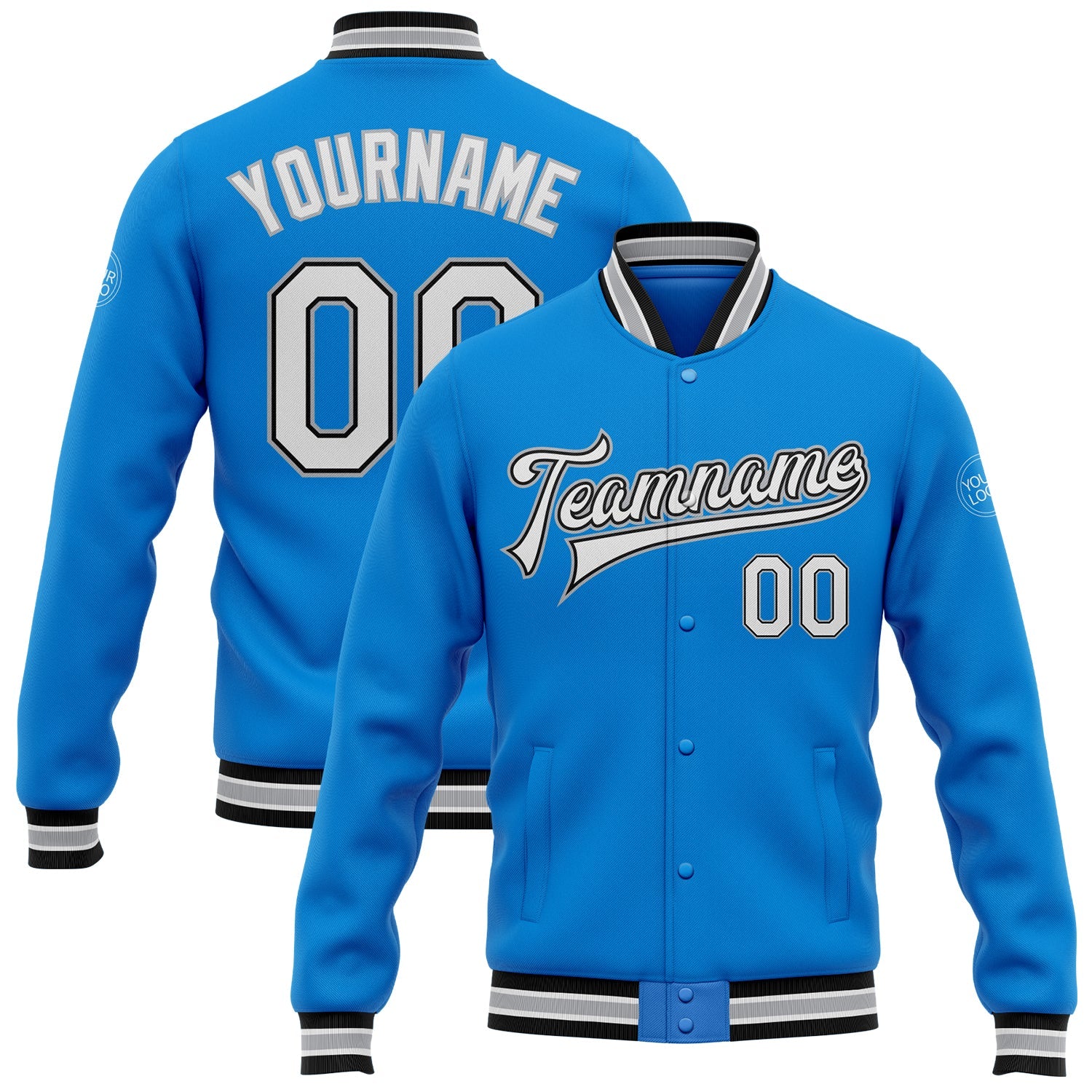 Custom Powder Blue White Black-Gray Bomber Full-Snap Varsity Letterman Jacket - Main View