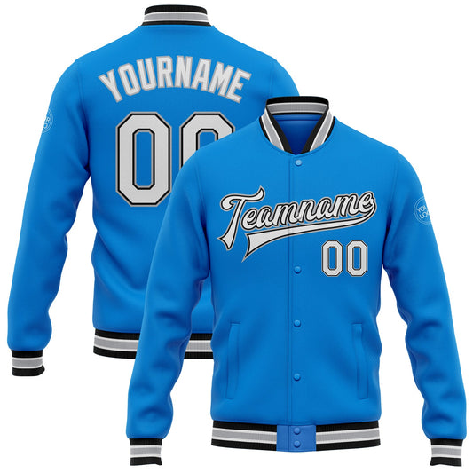 Custom Powder Blue White Black-Gray Bomber Full-Snap Varsity Letterman Jacket - Main View