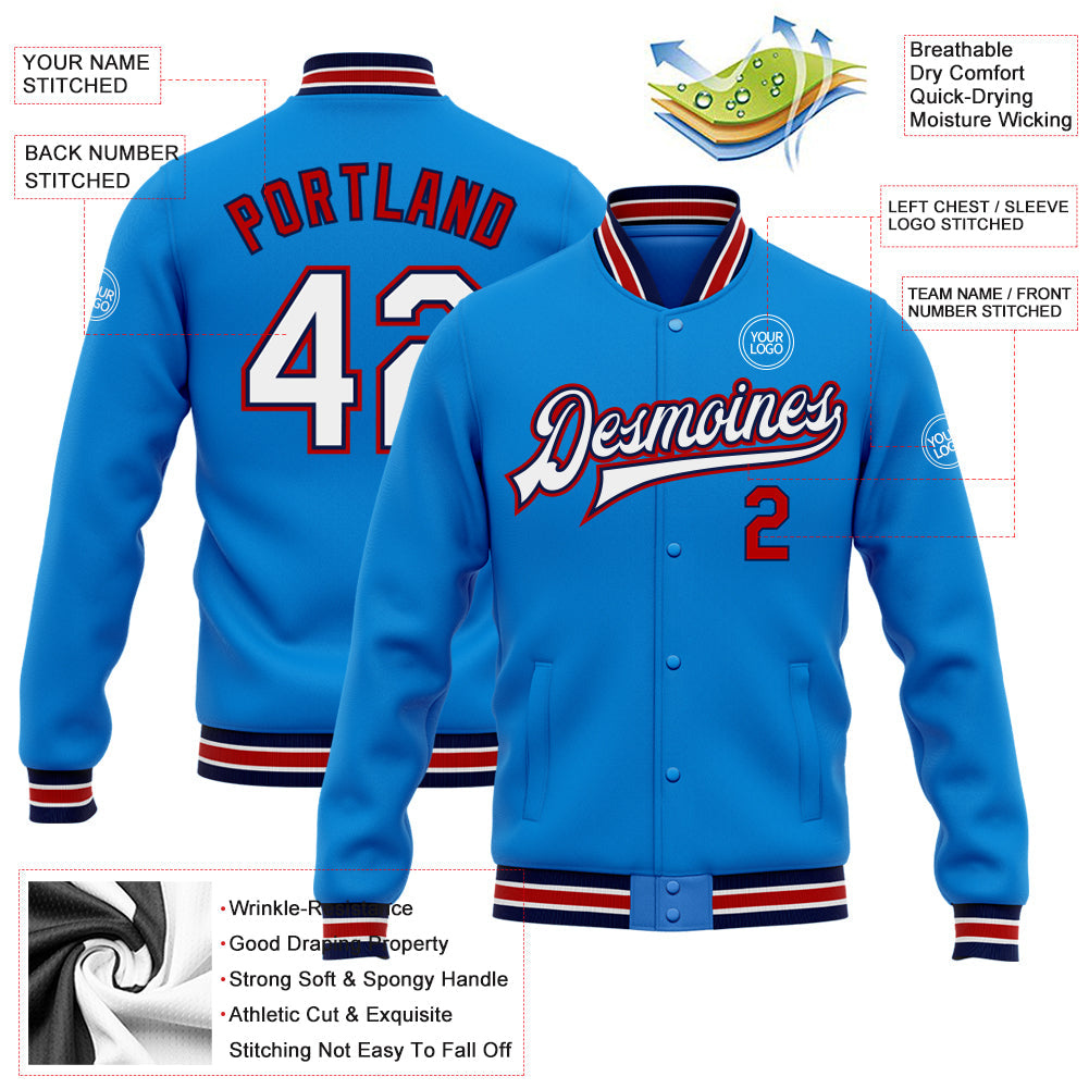 Custom Powder Blue White Navy-Red Bomber Full-Snap Varsity Letterman Jacket view 5