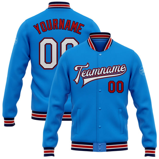 Custom Powder Blue White Navy-Red Bomber Full-Snap Varsity Letterman Jacket - Main View