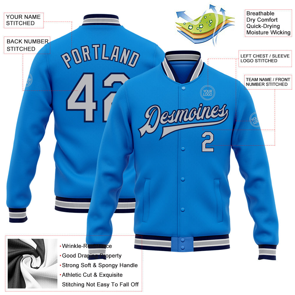 Custom Powder Blue Gray-Navy Bomber Full-Snap Varsity Letterman Jacket view 5