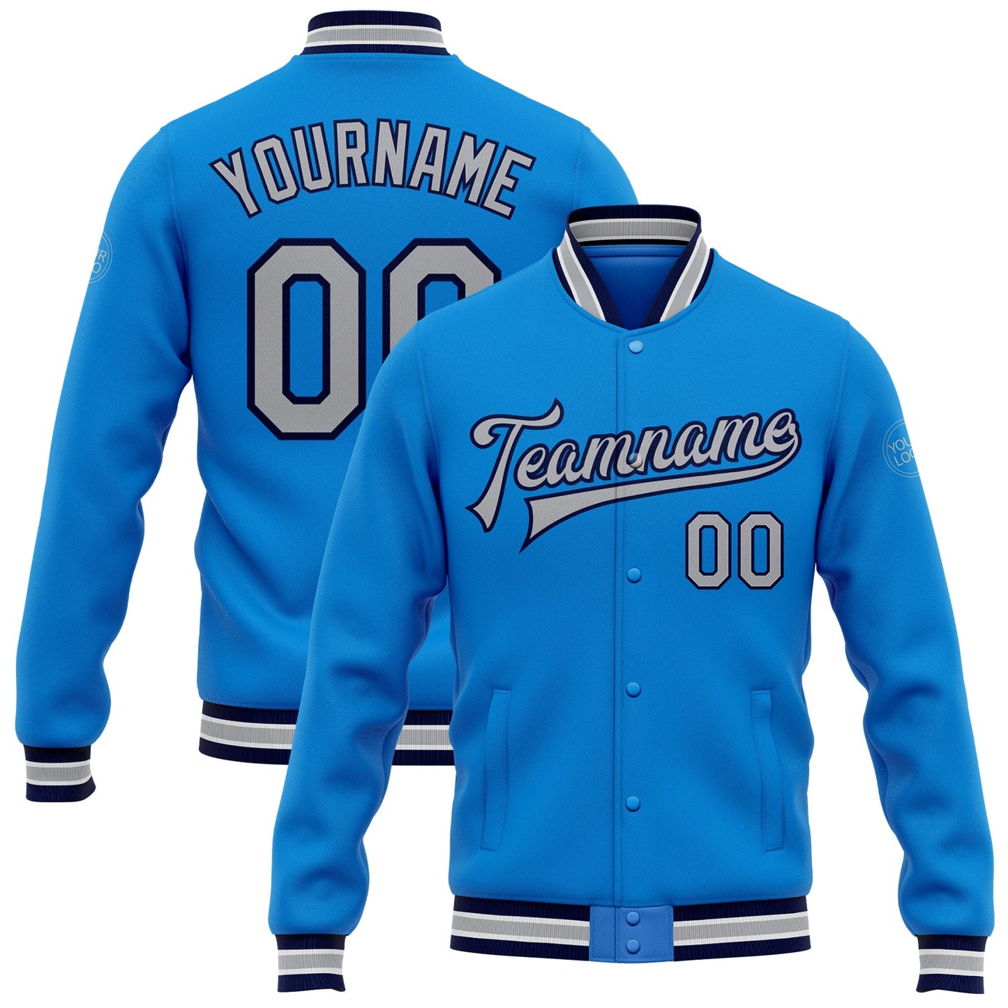Custom Powder Blue Gray-Navy Bomber Full-Snap Varsity Letterman Jacket - Main View