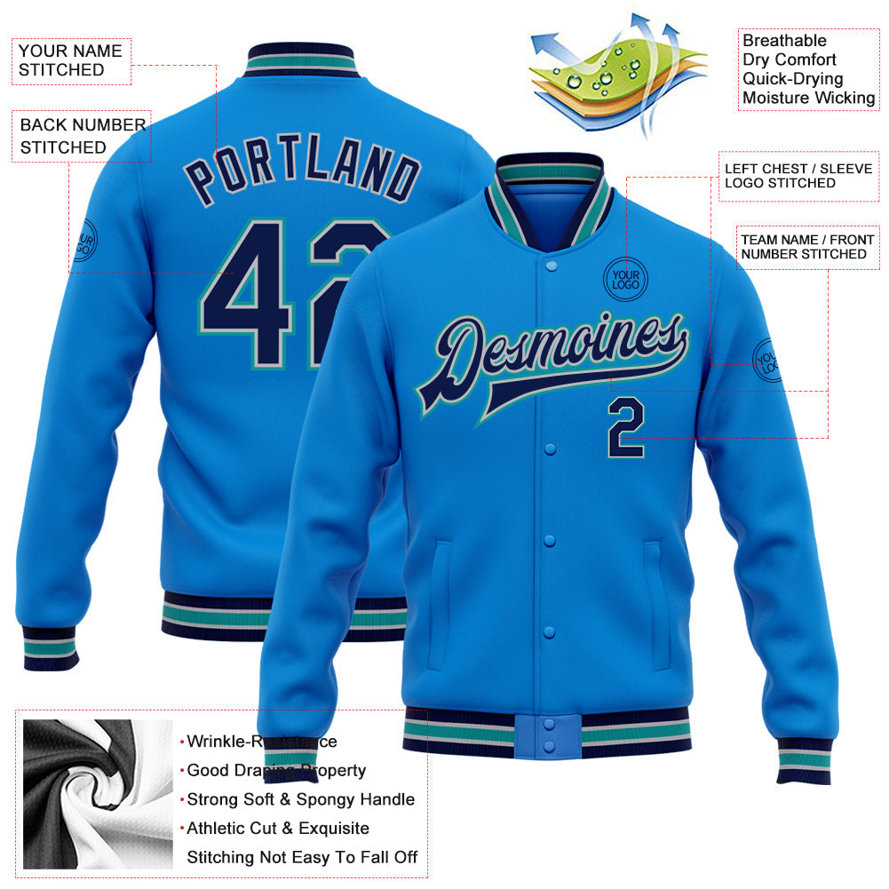 Custom Powder Blue Navy Gray-Teal Bomber Full-Snap Varsity Letterman Jacket view 5