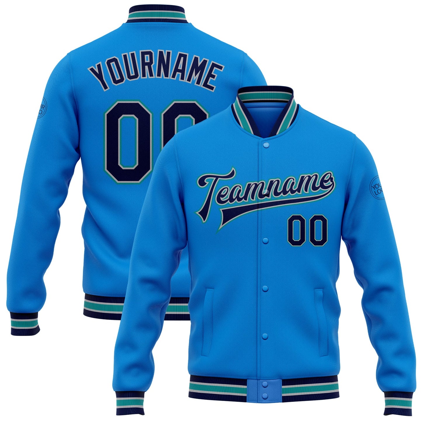 Custom Powder Blue Navy Gray-Teal Bomber Full-Snap Varsity Letterman Jacket - Main View