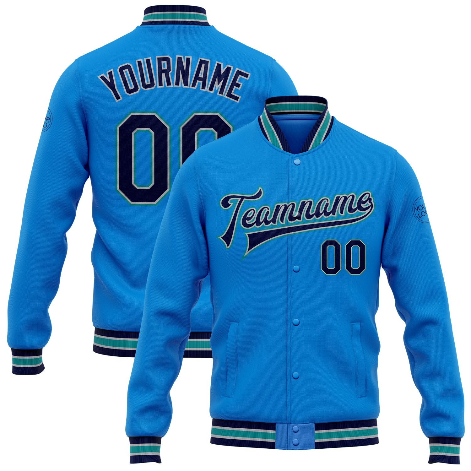 Custom Powder Blue Navy Gray-Teal Bomber Full-Snap Varsity Letterman Jacket - Main View