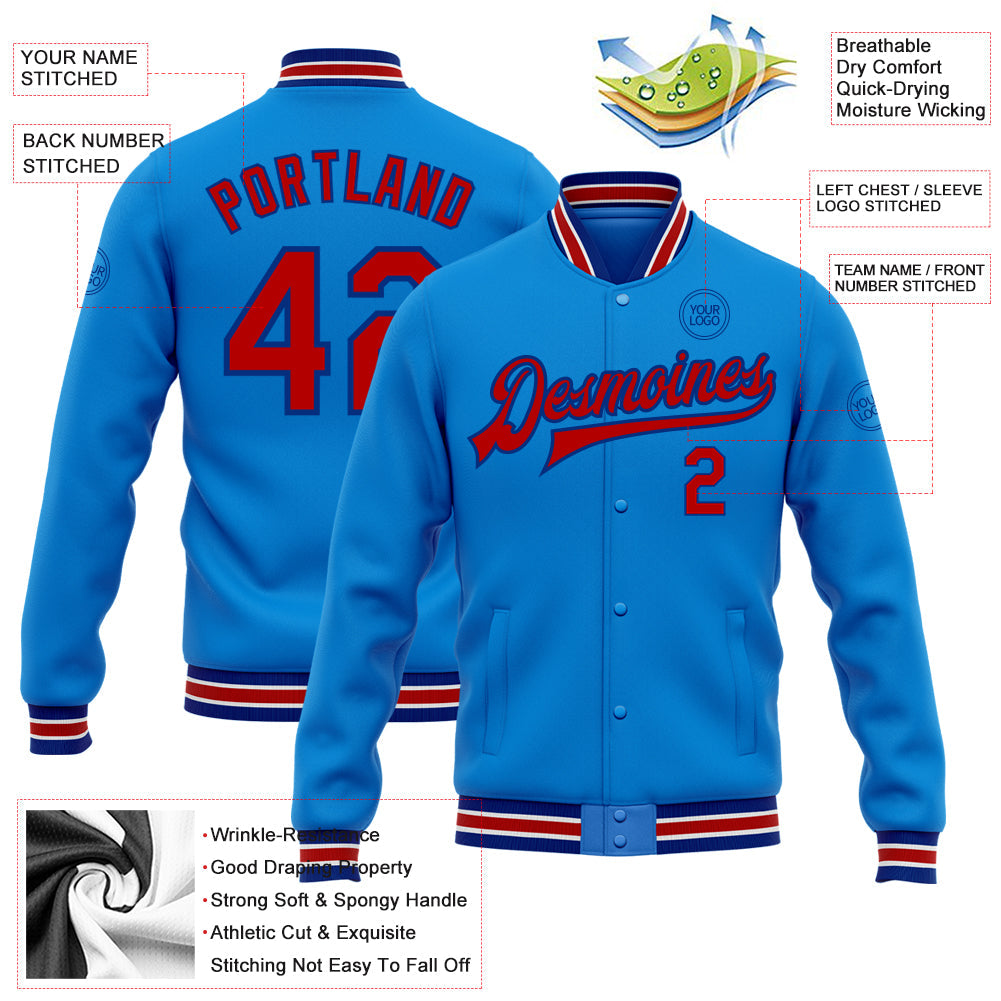Custom Powder Blue Red-Royal Bomber Full-Snap Varsity Letterman Jacket view 5
