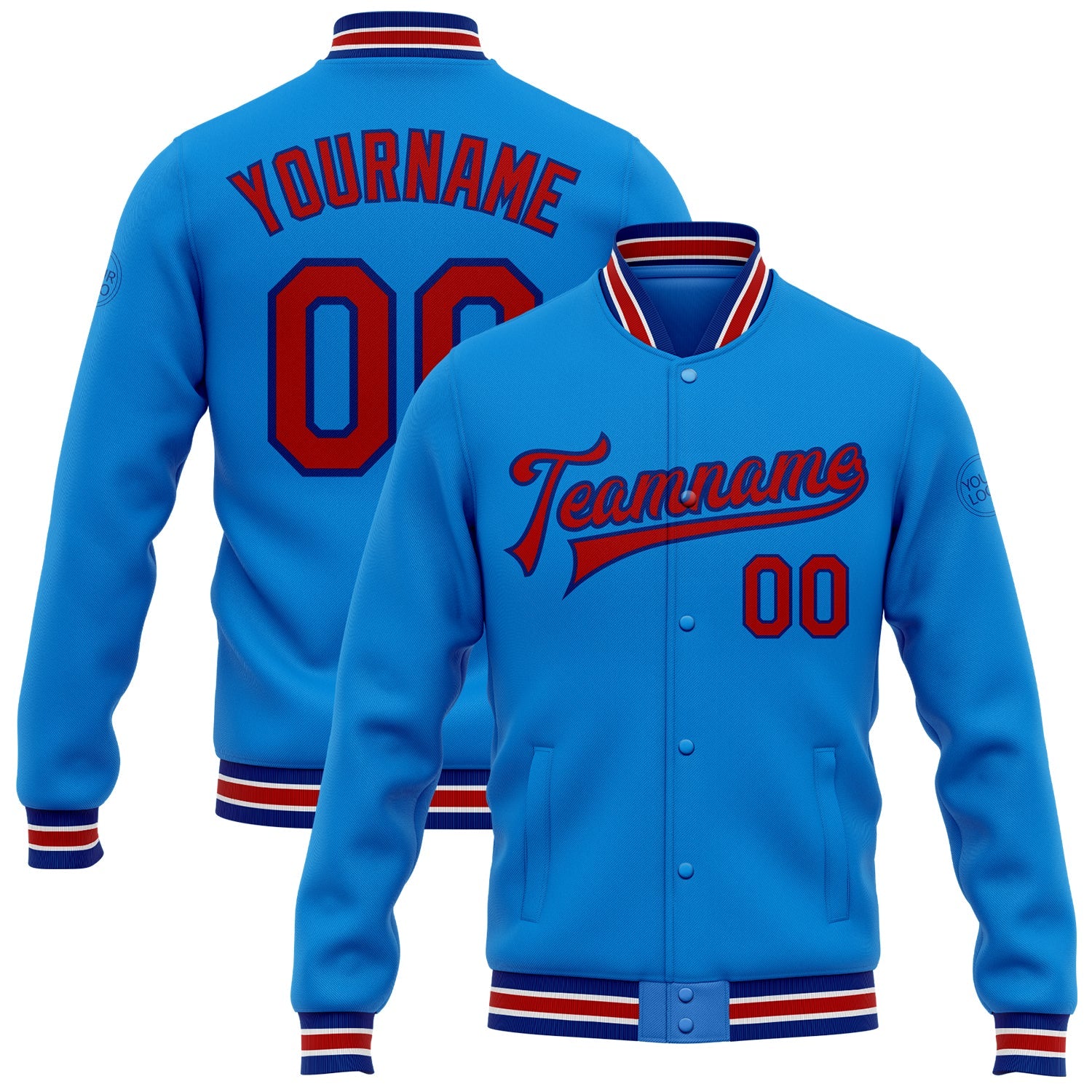 Custom Powder Blue Red-Royal Bomber Full-Snap Varsity Letterman Jacket - Main View