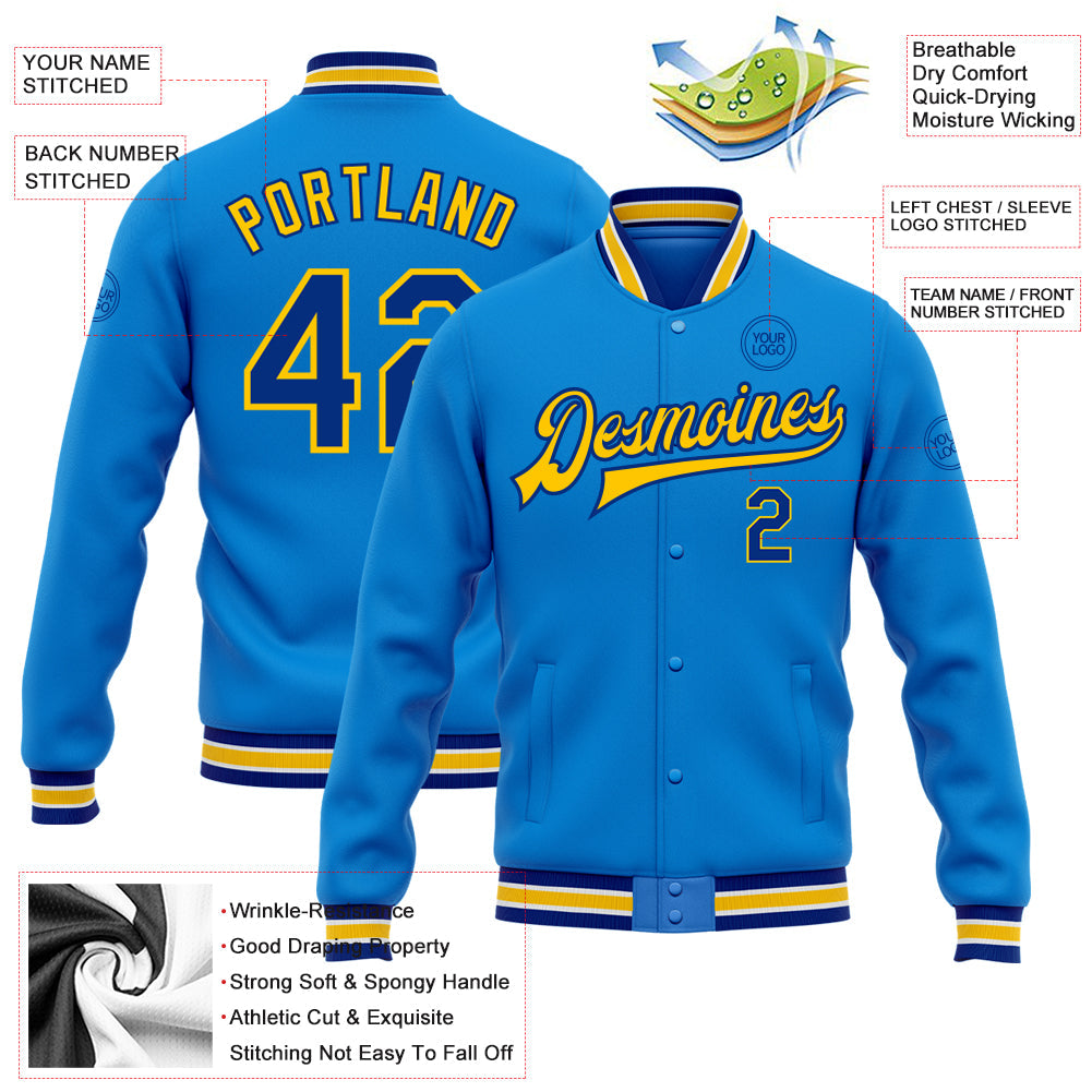 Custom Powder Blue Royal-Yellow Bomber Full-Snap Varsity Letterman Jacket view 5
