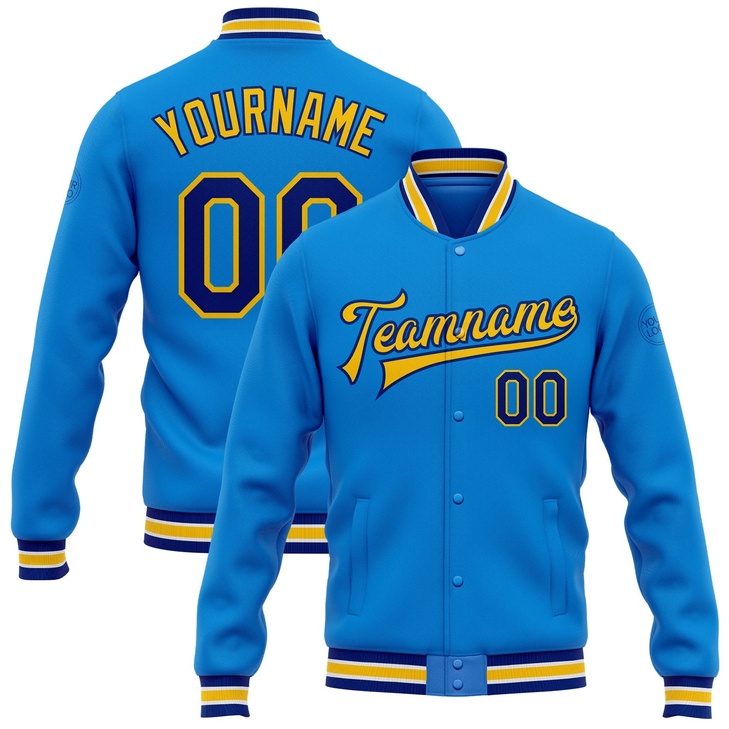 Custom Powder Blue Royal-Yellow Bomber Full-Snap Varsity Letterman Jacket - Main View