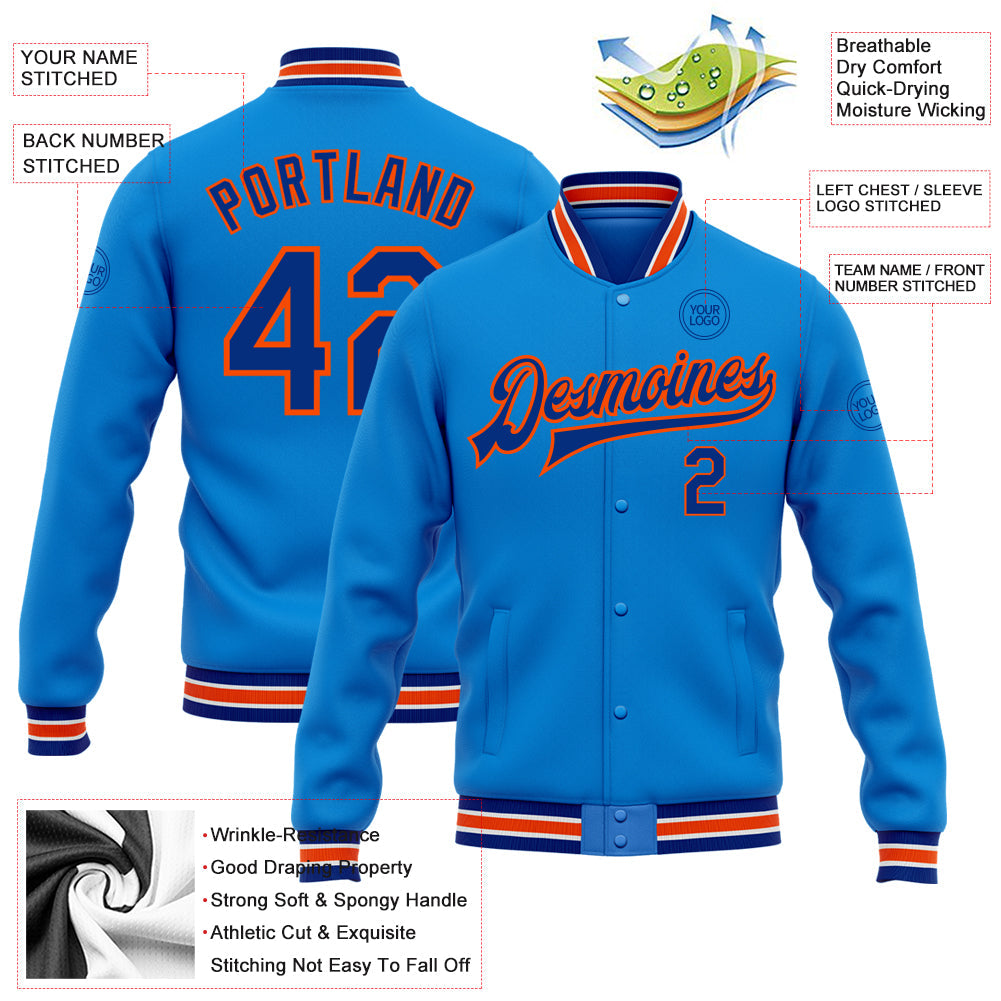 Custom Powder Blue Royal-Orange Bomber Full-Snap Varsity Letterman Jacket view 5