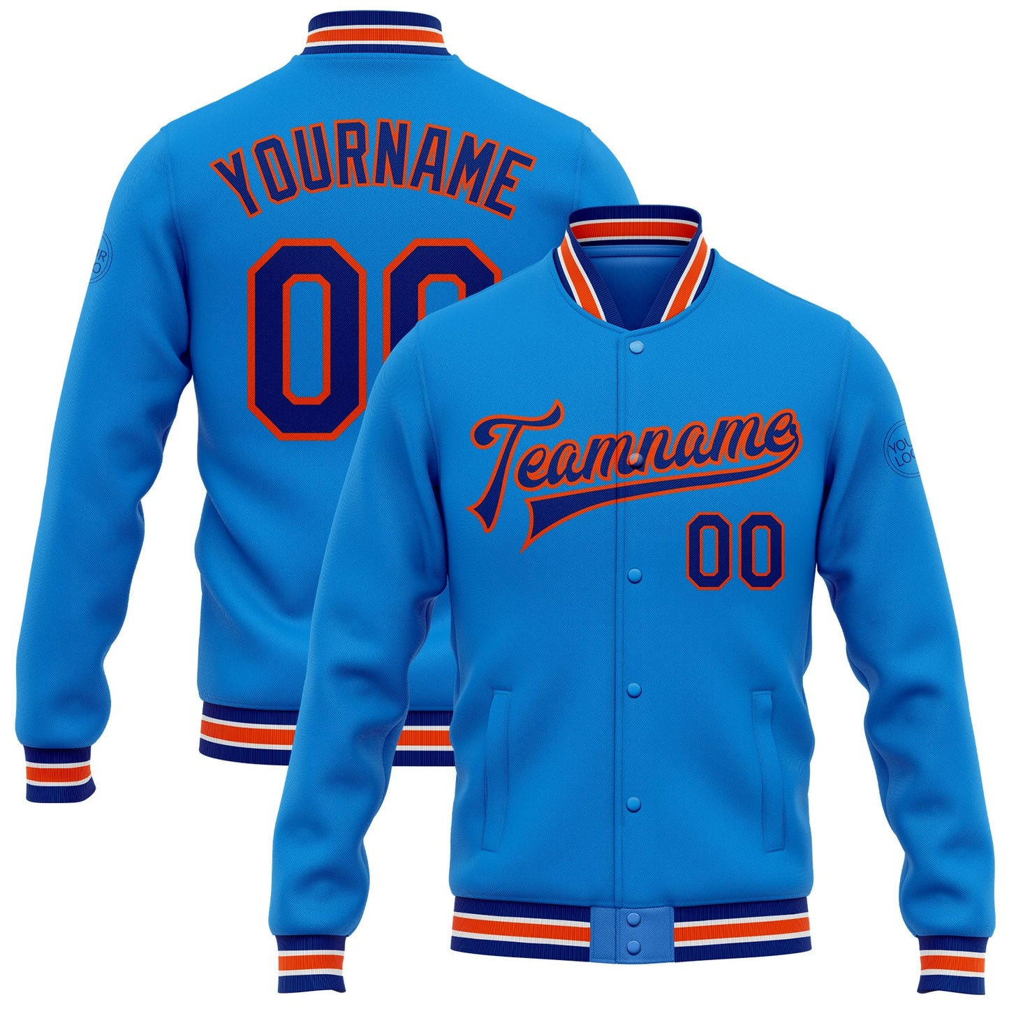 Custom Powder Blue Royal-Orange Bomber Full-Snap Varsity Letterman Jacket - Main View