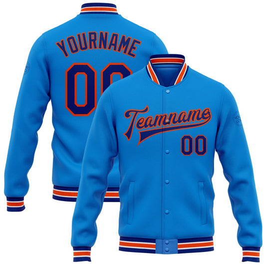 Custom Powder Blue Royal-Orange Bomber Full-Snap Varsity Letterman Jacket - Main View