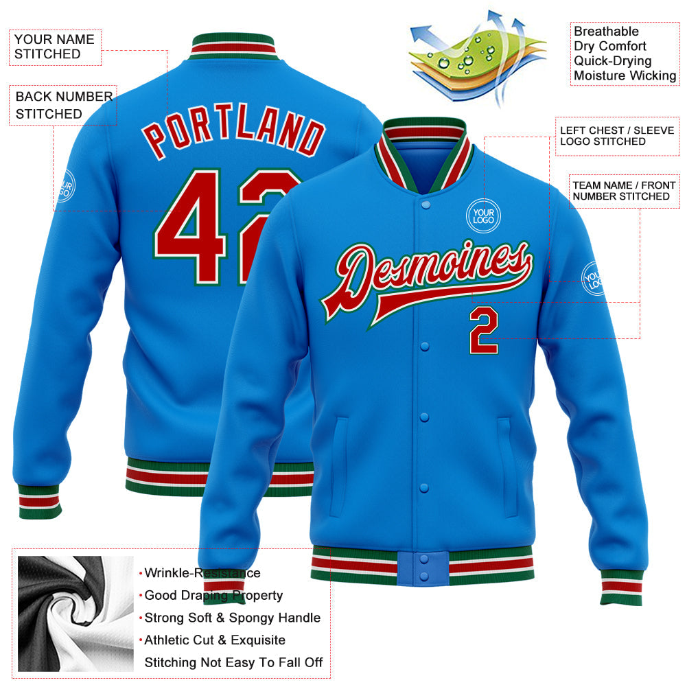 Custom Powder Blue Red-Kelly Green Bomber Full-Snap Varsity Letterman Jacket view 5