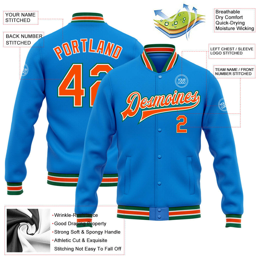 Custom Powder Blue Orange-Kelly Green Bomber Full-Snap Varsity Letterman Jacket view 5