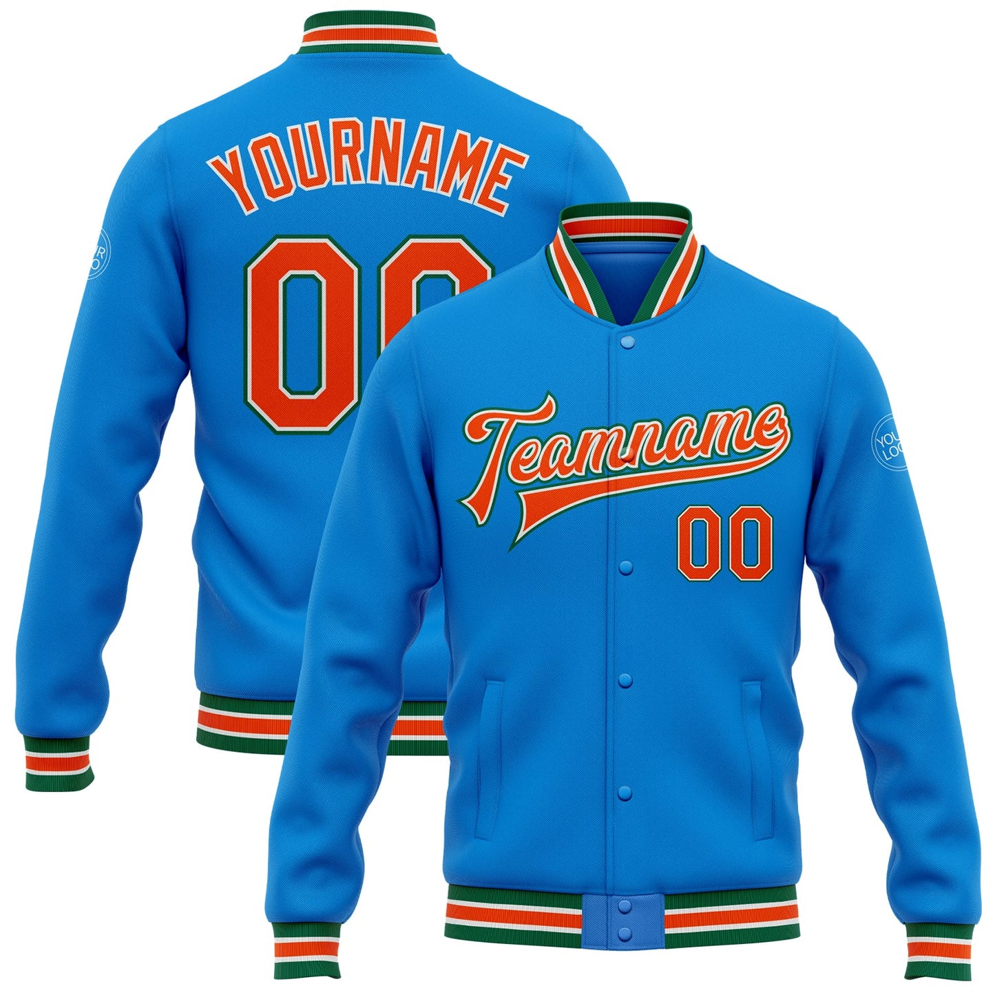 Custom Powder Blue Orange-Kelly Green Bomber Full-Snap Varsity Letterman Jacket - Main View