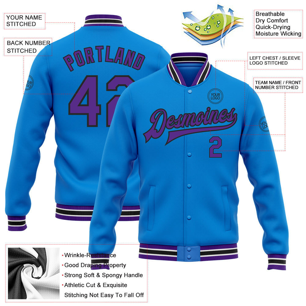 Custom Powder Blue Purple-Black Bomber Full-Snap Varsity Letterman Jacket view 5