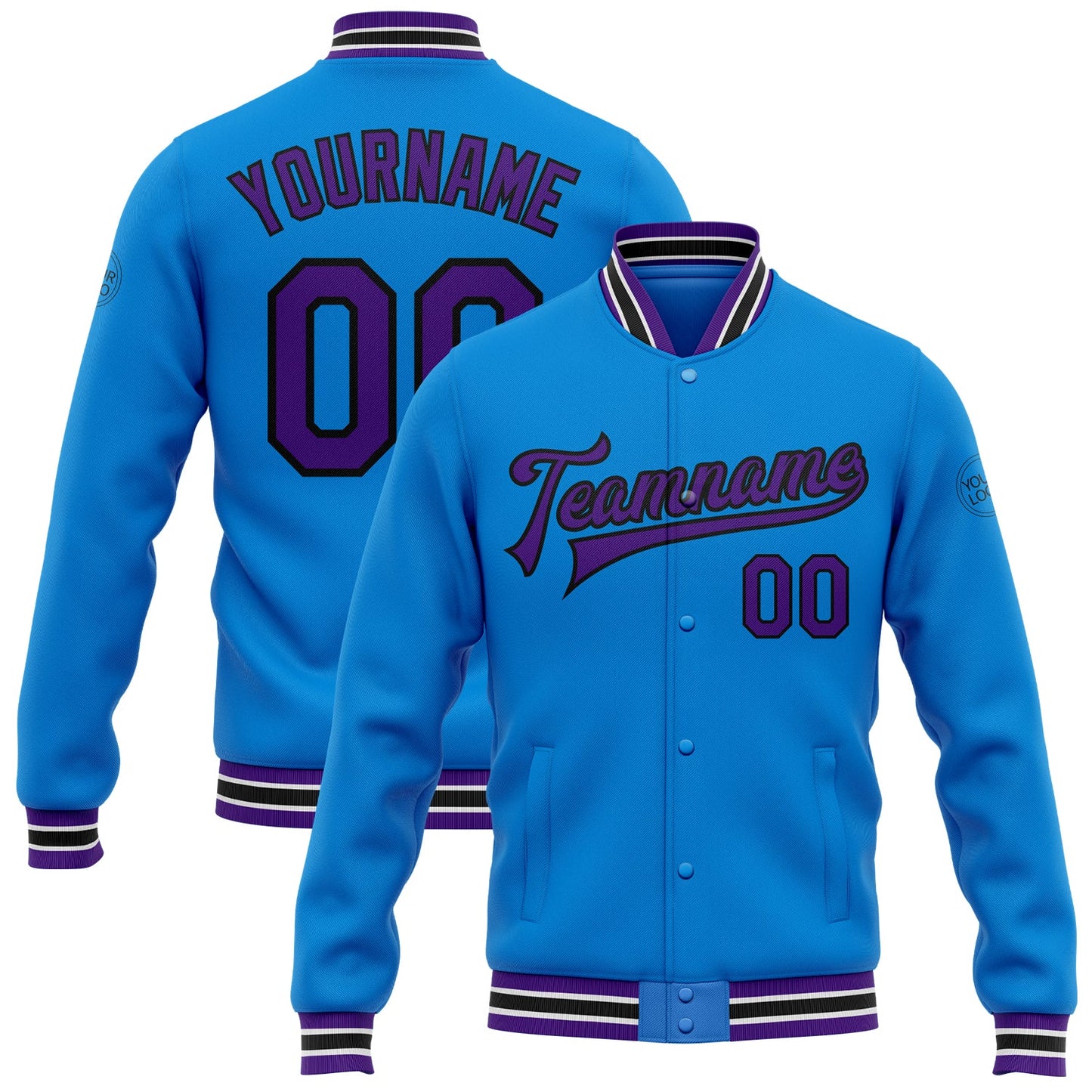 Custom Powder Blue Purple-Black Bomber Full-Snap Varsity Letterman Jacket - Main View